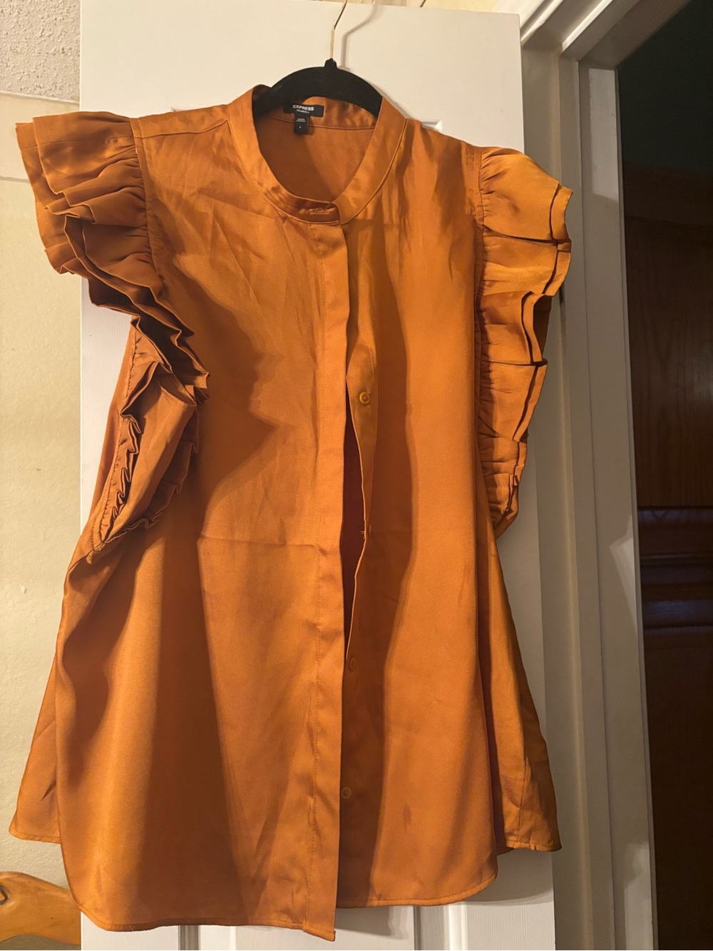 Express Ruffle Sleeve Button-Front Tunic in Burnt Orange
